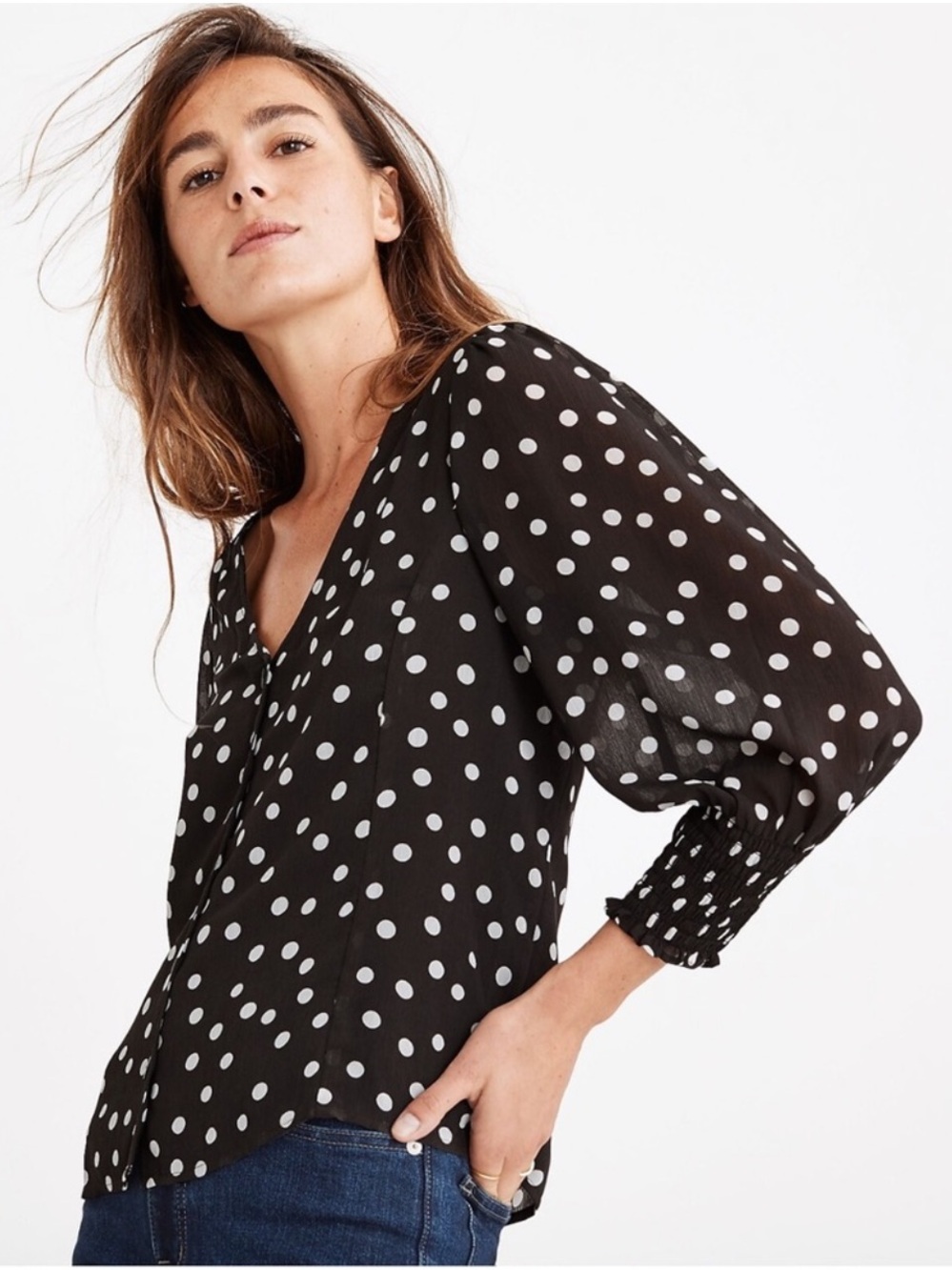 Madewell Black Polka Dot V-Neck Blouse Size 6